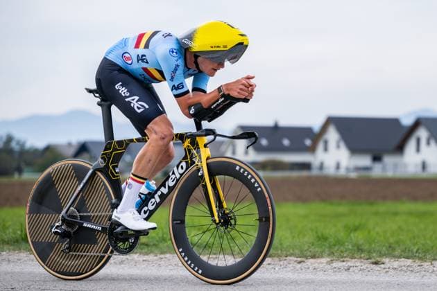 Belgian Matisse Van Kerckhove is pictured in action during a training session at the cycling UEC Road European Championships, in Ljubljana, Slovenia Monday 5 October 2026. The UEC Road European Championships are taking place from 02 to 07 October in Ljubljana, Slovenia. DAVIDxPINTENS  x188790671x