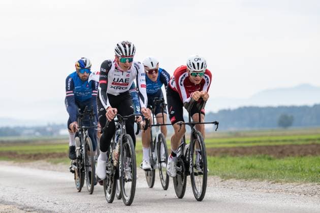 Slovenian Tadej Pogacar and Danish Mikkel Bjerg are pictured in action during a training session at the cycling UEC Road European Championships, in Ljubljana, Slovenia Monday 5 October 2026. The UEC Road European Championships are taking place from 02 to 07 October in Ljubljana, Slovenia. DAVIDxPINTENS  x188790672x