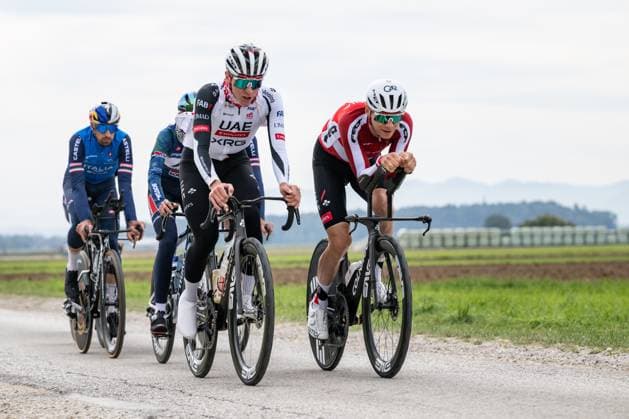 Slovenian Tadej Pogacar and Danish Mikkel Bjerg are pictured in action during a training session at the cycling UEC Road European Championships, in Ljubljana, Slovenia Monday 5 October 2026. The UEC Road European Championships are taking place from 02 to 07 October in Ljubljana, Slovenia. DAVIDxPINTENS  x188790678x
