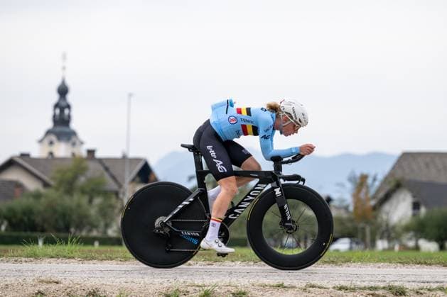 Belgian Lotte Claes is pictured in action during a training session at the cycling UEC Road European Championships, in Ljubljana, Slovenia Monday 5 October 2026. The UEC Road European Championships are taking place from 02 to 07 October in Ljubljana, Slovenia. DAVIDxPINTENS  x188790639x