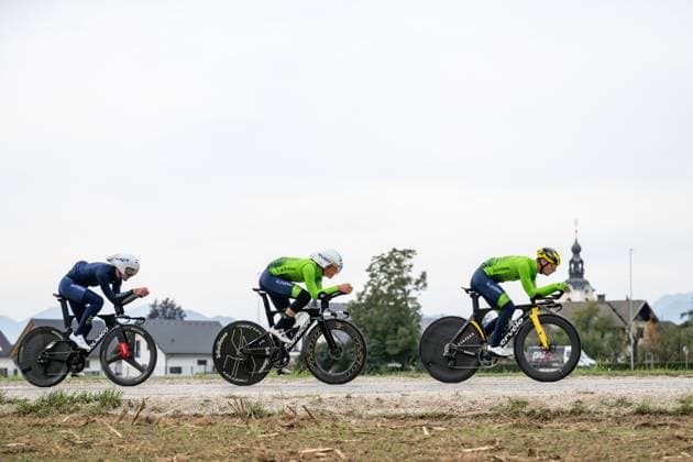 Slovenian riders are pictured in action during a training session at the cycling UEC Road European Championships, in Ljubljana, Slovenia Monday 5 October 2026. The UEC Road European Championships are taking place from 02 to 07 October in Ljubljana, Slovenia. DAVIDxPINTENS  x188790662x