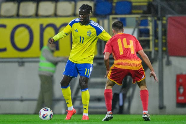 261005 Alieu Njie of Sweden during the UEFA Under 21 Championship Qualifier football match between Sweden and North Macedonia on October 5, 2026 in Falkenberg. Photo: Carl Sandin BILDBYRAN kod CS CS0988 fotboll football soccer fotball U21, U 21 em em uefa under 21 championship European Championship, EM, Europameisterschaft sverige sweden north macedonia bbeng Copyright: CARLxSANDIN BB261005CS021