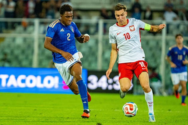 Tomasz Pienko and Honest Ahanor seen during U21, U 21 U 21 U 21 U 21 2027 EURO Qualifying, EM, Europameisterschaft EM, Europameisterschaft EM, Europameisterschaft EM, Europameisterschaft game between national teams of Italy and Poland (Kazimierz Koper Ball Raw Images) Pescara Stadio Adriatico Italy Copyright: xKazimierzxKoperx KAZ_ITAvPOLu21-38
