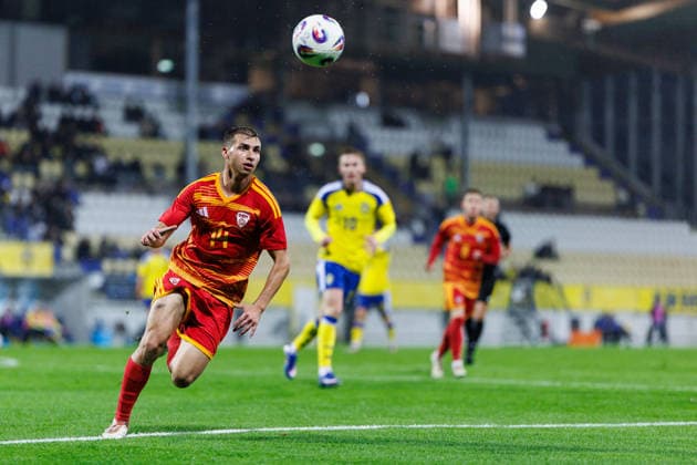 261005 Matej Angelov of North Macedonia during the UEFA Under 21 Championship Qualifier football match between Sweden and North Macedonia on October 5, 2026 in Falkenberg. Photo: Krister Andersson BILDBYRAN COP 147 CS0988 fotboll football soccer fotball U21, U 21 em em uefa under 21 championship European Championship, EM, Europameisterschaft sverige sweden north macedonia bbeng Copyright: KRISTERxANDERSSON BB261005KA001