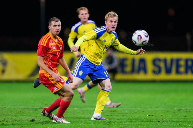 261005 Gustaf Westström of Sweden during the UEFA Under 21 Championship Qualifier football match between Sweden and North Macedonia on October 5, 2026 in Falkenberg. Photo: Carl Sandin BILDBYRAN kod CS CS0988 fotboll football soccer fotball U21, U 21 em em uefa under 21 championship European Championship, EM, Europameisterschaft sverige sweden north macedonia bbeng Copyright: CARLxSANDIN BB261005CS046