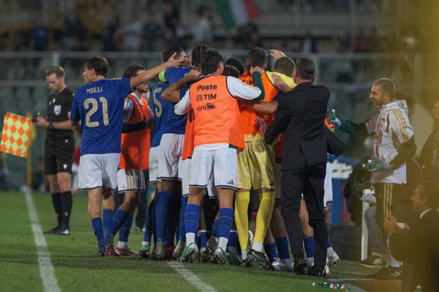 IPA89341064 - Goal celebration by Italy during the 2027 UEFA European Under-21 Championship Qualifying Round—Italy vs. Poland, UEFA European Football Championship in Pescara, Italy, October 5, 2026  Copyright: xRoccoxPedone IPAxSportx xx IPA89341064