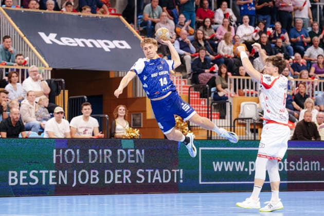 2. Handball-Bundesliga - 6. Spieltag: 1. VfL Potsdam - TuS Ferndorf Max Günther (1. VfL Potsdam, 14) beim Sprungwurf am 05.10.2026 in der MBS Arena, Potsdam (Brandenburg) Potsdam MBS Arena Brandenburg Deutschland