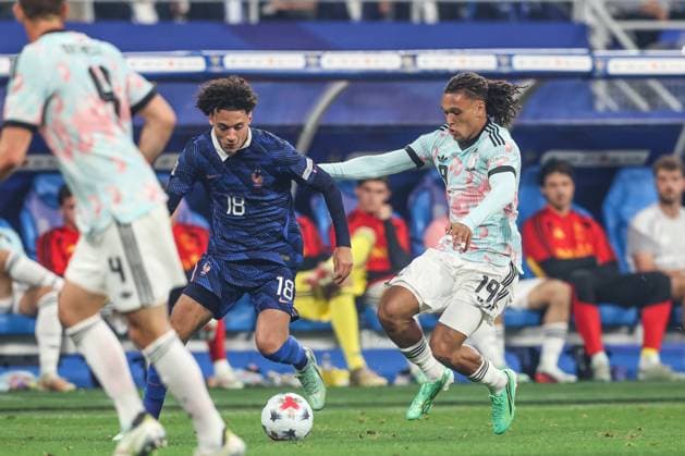 France s Maghnes Akliouche and Belgium s Diego Moreira Da Silva fight for the ball during a soccer game between France and Belgian national team, Nationalteam Red Devils, on Monday 5 October 2026 in Saint-Denis, France, the fourth (of 6) game of the UEFA Nations League group stage. BRUNOxFAHY  x188822057x