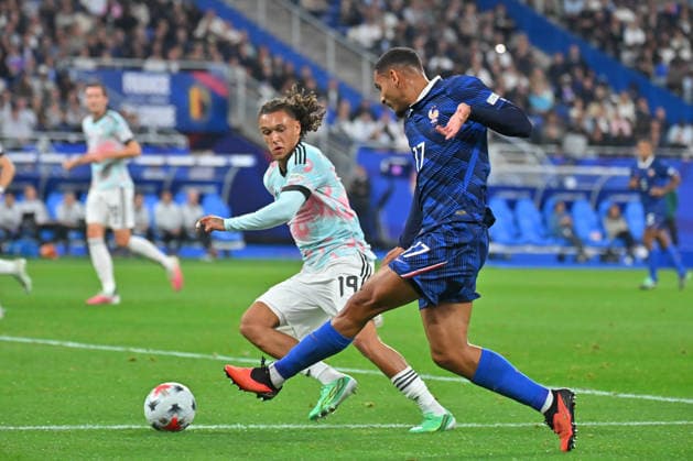 UEFA Nations League 2026, France vs Belgium, Football Diego Moreira of Belgium and Maxence Lacroix of France during the UEFA Nations League 2026 match between France and Belgium at Stade de France on October 05, 2026 in Paris, France. Saint Denis Stade de France France