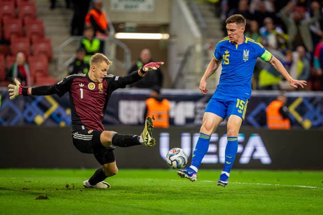 UKRAINE - HUNGARY Viktor Tsygankov of Ukraine and Ajax Amsterdam and Zsolt Nagy of Hungary and Puskas Akademia, Balazs Toth of Hungary and Blackburn Rovers during UEFA Nations League - League B - Group B2 - Matchday 4 - football match between Ukraine and Hungary. Anton Malatinsky Stadium, City Arena, Trnava, Slovakia, October 05, 2026. Photo by Branislav Racko Copyright: xx 080A3633