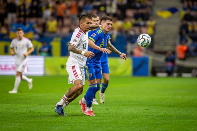 UKRAINE - HUNGARY Vladyslav Veleten of Ukraine and Polissya Zhytomyr and Daniel Lukacs of Hungary and Puskas Akademia during UEFA Nations League - League B - Group B2 - Matchday 4 - football match between Ukraine and Hungary. Anton Malatinsky Stadium, City Arena, Trnava, Slovakia, October 05, 2026. Photo by Branislav Racko Copyright: xx 080A3492