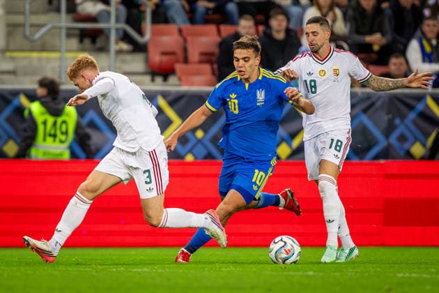 UKRAINE - HUNGARY Matvii Ponomarenko of Ukraine and Dynamo Kyiv and Mark Csinger of Hungary and Groningen, Zsolt Nagy of Hungary and Puskas Akademia during UEFA Nations League - League B - Group B2 - Matchday 4 - football match between Ukraine and Hungary. Anton Malatinsky Stadium, City Arena, Trnava, Slovakia, October 05, 2026. Photo by Branislav Racko Copyright: xx 080A3567