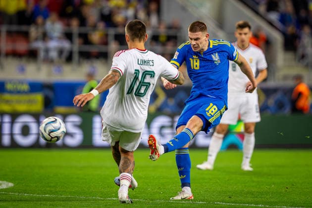 UKRAINE - HUNGARY Oleh Ocheretko of Ukraine and Shakhtar Donetsk during UEFA Nations League - League B - Group B2 - Matchday 4 - football match between Ukraine and Hungary. Anton Malatinsky Stadium, City Arena, Trnava, Slovakia, October 05, 2026. Photo by Branislav Racko Copyright: xx 080A3620