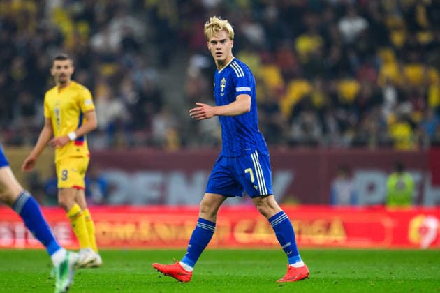 261005 Lucas Bergvall of Sweden during the Nations League football match between Romania and Sweden on October 5, 2026 in Bucharest. Photo: Ludvig Thunman BILDBYRAN kod LT LT0828 fotboll football soccer fotball nations league uefa nations league rumänien romania sverige sweden sverige a bbeng Copyright: LUDVIGxTHUNMAN BB261005LT061
