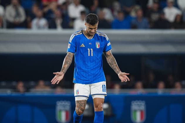 ItalyÕs Gianluca Scamacca reacts after missing a scoring chance during the UEFA Nations League 2026 27 match between Italy and Turkiye (Group A1 - Matchday 4) at Stadio Renato Dall Ara in Bologna, Italy - October 5, 2026. - Soccer  Copyright: xMassimoxPaolone LaPressex
