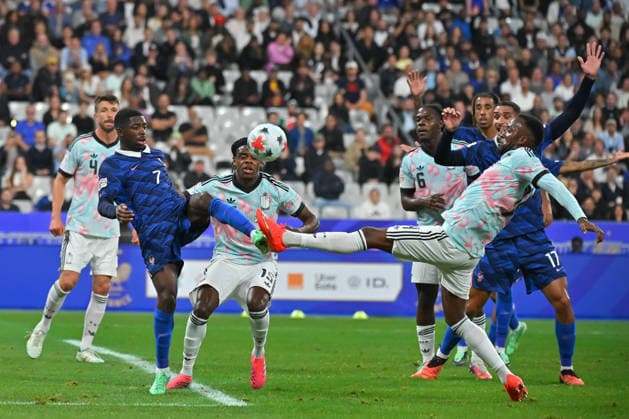 UEFA Nations League 2026, France vs Belgium, Football Ousmane Dembele of France and Dodi LukÃ bakio of Belgium during the UEFA Nations League 2026 match between France and Belgium at Stade de France on October 05, 2026 in Paris, France. Saint Denis Stade de France France