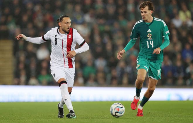 UEFA Nations League Group Stage Northern Ireland vs Georgia 5 10 2026 Northern Ireland™s Isaac Price and Georgia™s Giorgi Kochorashvili Isaac Price and Giorgi Kochorashvili 5 10 2026  Copyright: xx UNL N Ireland v Georgia 009