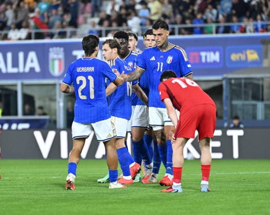 Italy v Turkiye - UEFA Nations League BOLOGNA, ITALY - OCTOBER 5: Gianluca Scamacca (11) of Italy celebrates with his teammates after a goal during the UEFA Nations League Group A1 match between Italy and Turkiye at Stadio Renato Dall Ara in Bologna, Italy on October 5, 2026. Mustafa Yalcin Anadolu Bologna Italy. Editorial use only. Please get in touch for any other usage.  Copyright: x2026xAnadoluxMustafaxYalcinx