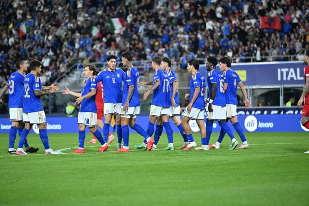 Italy v Turkiye - UEFA Nations League BOLOGNA, ITALY - OCTOBER 5: Gianluca Scamacca (11) of Italy celebrates with his teammates after a goal during the UEFA Nations League Group A1 match between Italy and Turkiye at Stadio Renato Dall Ara in Bologna, Italy on October 5, 2026. Mustafa Yalcin Anadolu Bologna Italy. Editorial use only. Please get in touch for any other usage.  Copyright: x2026xAnadoluxMustafaxYalcinx