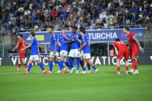 Italy v Turkiye - UEFA Nations League BOLOGNA, ITALY - OCTOBER 5: Gianluca Scamacca (11) of Italy celebrates with his teammates after a goal during the UEFA Nations League Group A1 match between Italy and Turkiye at Stadio Renato Dall Ara in Bologna, Italy on October 5, 2026. Mustafa Yalcin Anadolu Bologna Italy. Editorial use only. Please get in touch for any other usage.  Copyright: x2026xAnadoluxMustafaxYalcinx
