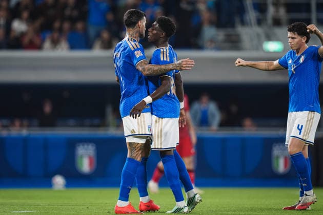ItalyÕs Gianluca Scamacca celebrates after scoring the 1-0 goal for his team during the UEFA Nations League 2026 27 match between Italy and Turkiye (Group A1 - Matchday 4) at Stadio Renato Dall Ara in Bologna, Italy - October 5, 2026. - Soccer  Copyright: xMassimoxPaolone LaPressex