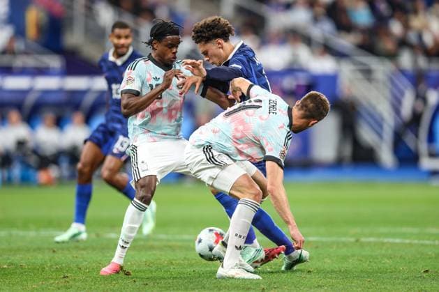 Belgium s Nathan Ngoy and France s Maghnes Akliouche fight for the ball during a soccer game between France and Belgian national team, Nationalteam Red Devils, on Monday 5 October 2026 in Saint-Denis, France, the fourth (of 6) game of the UEFA Nations League group stage. BRUNOxFAHY  x188823642x