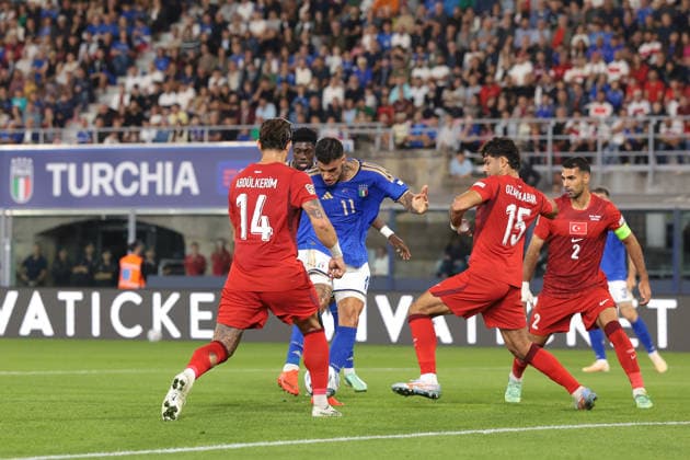 Italy v Turkey - UEFA Nations League - Season 2026-2027 Bologna, Italy, 5th October 2026. Gianluca Scamacca of Italy scores to give the hosts a 1-0 lead during the Italy vs Turkey UEFA Nations League, League C, Group C1 match at Stadio Renato Dall Ara, Bologna. Picture credit should read: Jonathan Moscrop Bologna Stadio Renato Dall Ara Italy
