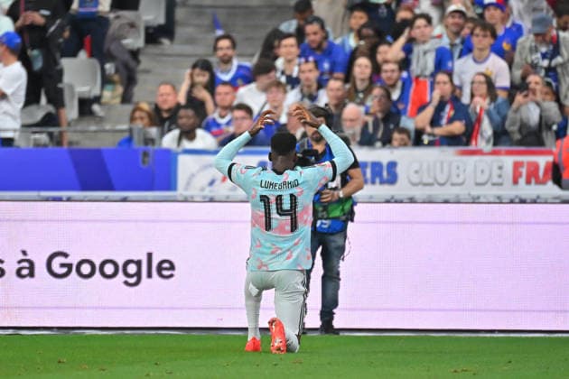 UEFA Nations League 2026, France vs Belgium, Football Dodi LukÃ bakio of Belgium celebrates after scoring during the UEFA Nations League 2026 match between France and Belgium at Stade de France on October 05, 2026 in Paris, France. Saint Denis Stade de France France