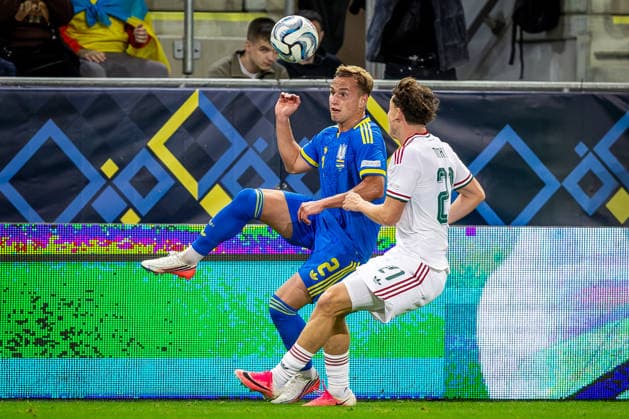 UKRAINE - HUNGARY Illia Krupskyi of Ukraine and Kharkiv and Alex Toth of Hungary and Bournemouth during UEFA Nations League - League B - Group B2 - Matchday 4 - football match between Ukraine and Hungary. Anton Malatinsky Stadium, City Arena, Trnava, Slovakia, October 05, 2026. Photo by Branislav Racko Copyright: xx 080A3798