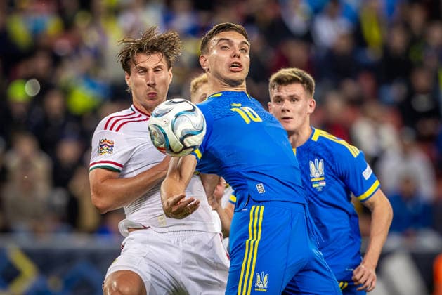 UKRAINE - HUNGARY Matvii Ponomarenko of Ukraine and Dynamo Kyiv and Willi Orban of Hungary and RB Leipzig during UEFA Nations League - League B - Group B2 - Matchday 4 - football match between Ukraine and Hungary. Anton Malatinsky Stadium, City Arena, Trnava, Slovakia, October 05, 2026. Photo by Branislav Racko Copyright: xx 080A3857
