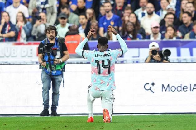 Belgium s Dodi Lukebakio celebrates after scoring during a soccer game between France and Belgian national team, Nationalteam Red Devils, on Monday 5 October 2026 in Saint-Denis, France, the fourth (of 6) game of the UEFA Nations League group stage. BRUNOxFAHY  x188823653x