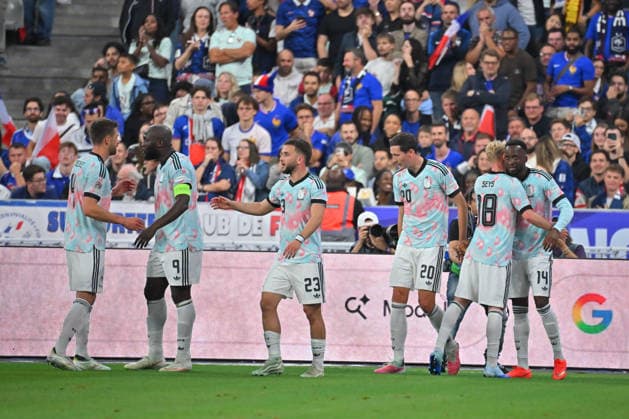 UEFA Nations League 2026, France vs Belgium, Football Dodi LukÃ bakio of Belgium celebrates with teammates during the UEFA Nations League 2026 match between France and Belgium at Stade de France on October 05, 2026 in Paris, France. Saint Denis Stade de France France