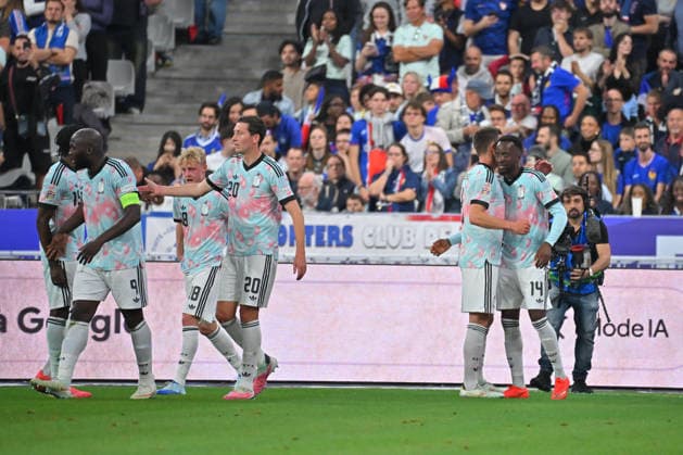 UEFA Nations League 2026, France vs Belgium, Football Dodi LukÃ bakio of Belgium celebrates with teammates during the UEFA Nations League 2026 match between France and Belgium at Stade de France on October 05, 2026 in Paris, France. Saint Denis Stade de France France