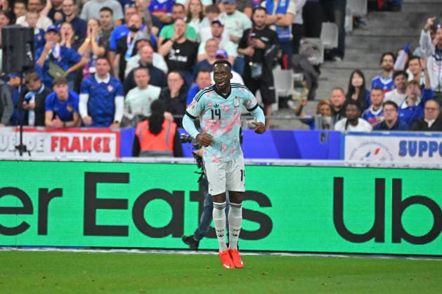 UEFA Nations League 2026, France vs Belgium, Football Dodi LukÃ bakio of Belgium celebrates after scoring during the UEFA Nations League 2026 match between France and Belgium at Stade de France on October 05, 2026 in Paris, France. Saint Denis Stade de France France