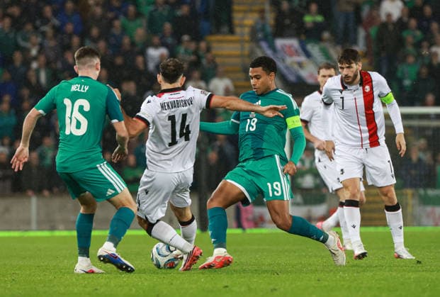 UEFA Nations League Group Stage Northern Ireland vs Georgia 5 10 2026 Northern Ireland™s Shea Charles with Georgia s Anzor Mekvabishvili Shea Charles with Anzor Mekvabishvili 5 10 2026  Copyright: xx N Ireland v Georgia_074