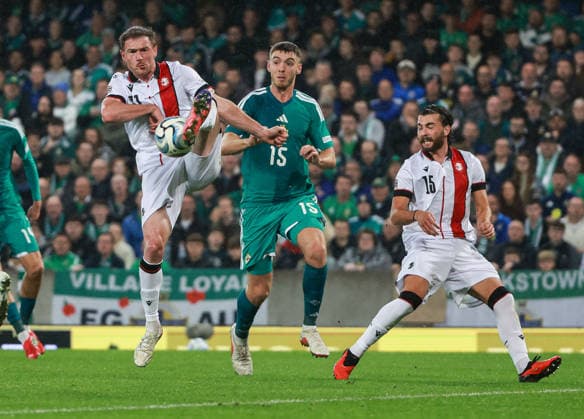 UEFA Nations League Group Stage Northern Ireland vs Georgia 5 10 2026 Northern Ireland™s Ruairi McConville with Georgia s Budu Zivzivadze Ruairi McConville with Budu Zivzivadze 5 10 2026  Copyright: xx N Ireland v Georgia_076