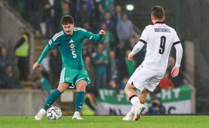 UEFA Nations League Group Stage Northern Ireland vs Georgia 5 10 2026 Northern Ireland™s Trai Hume with Georgia s Zuriko Davitashvili Trai Hume with Zuriko Davitashvili 5 10 2026  Copyright: xx N Ireland v Georgia_078