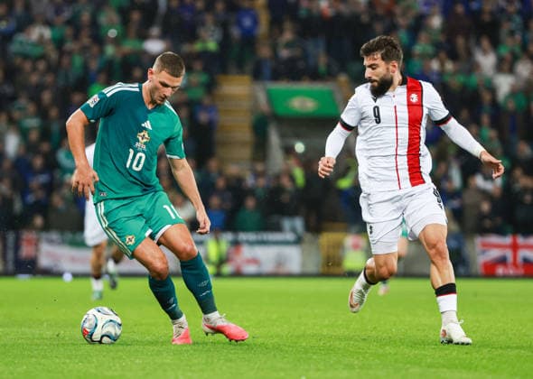 UEFA Nations League Group Stage Northern Ireland vs Georgia 5 10 2026 Northern Ireland™s Jamie Donley with Georgia s Zuriko Davitashvili Jamie Donley with Zuriko Davitashvili 5 10 2026  Copyright: xx N Ireland v Georgia_080