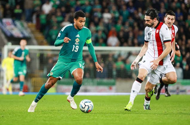 UEFA Nations League Group Stage Northern Ireland vs Georgia 5 10 2026 Northern Ireland™s Shea Charles with Georgia s Saba Sazonov Shea Charles with Saba Sazonov 5 10 2026  Copyright: xx N Ireland v Georgia_084
