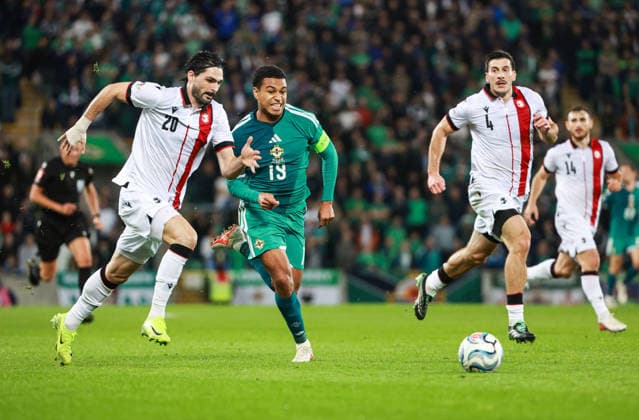UEFA Nations League Group Stage Northern Ireland vs Georgia 5 10 2026 Northern Ireland™s Shea Charles with Georgia s Saba Sazonov Shea Charles with Saba Sazonov 5 10 2026  Copyright: xx N Ireland v Georgia_085