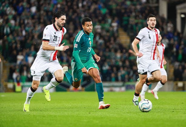 UEFA Nations League Group Stage Northern Ireland vs Georgia 5 10 2026 Northern Ireland™s Shea Charles with Georgia s Saba Sazonov Shea Charles with Saba Sazonov 5 10 2026  Copyright: xx N Ireland v Georgia_086