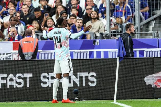 Belgium s Dodi Lukebakio celebrates after scoring during a soccer game between France and Belgian national team, Nationalteam Red Devils, on Monday 5 October 2026 in Saint-Denis, France, the fourth (of 6) game of the UEFA Nations League group stage. BRUNOxFAHY  x188824005x