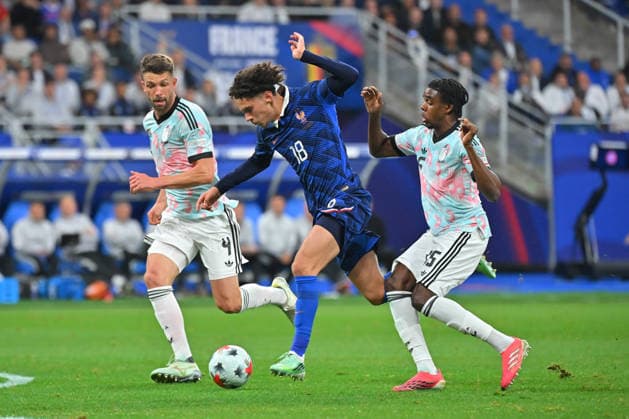 UEFA Nations League 2026, France vs Belgium, Football Brandon Mechele of Belgium , Maghnes Akliouche of France and Nathan Ngoy of Belgium during the UEFA Nations League 2026 match between France and Belgium at Stade de France on October 05, 2026 in Paris, France. Saint Denis Stade de France France