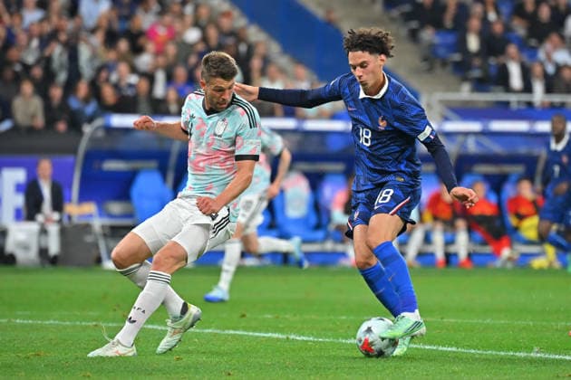 UEFA Nations League 2026, France vs Belgium, Football Maghnes Akliouche of France and Brandon Mechele of Belgium during the UEFA Nations League 2026 match between France and Belgium at Stade de France on October 05, 2026 in Paris, France. Saint Denis Stade de France France