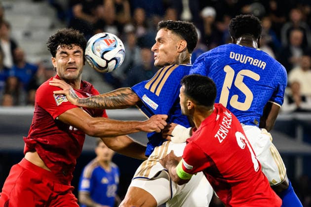 Ozan Kabak of Turkiye, Gianluca Scamacca of Italy, Issa Doumbia of Italy, Zeki Celik of Turkiye compete for the ball during the Nations League football match between Italy and Turkiye at Renato Dall Ara stadium in Bologna (Italy), October 5, 2026. AndreaxStaccioli