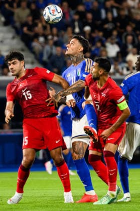 Ozan Kabak of Turkiye, Gianluca Scamacca of Italy, Zeki Celik of Turkiye compete for the ball during the Nations League football match between Italy and Turkiye at Renato Dall Ara stadium in Bologna (Italy), October 5, 2026. AndreaxStaccioli