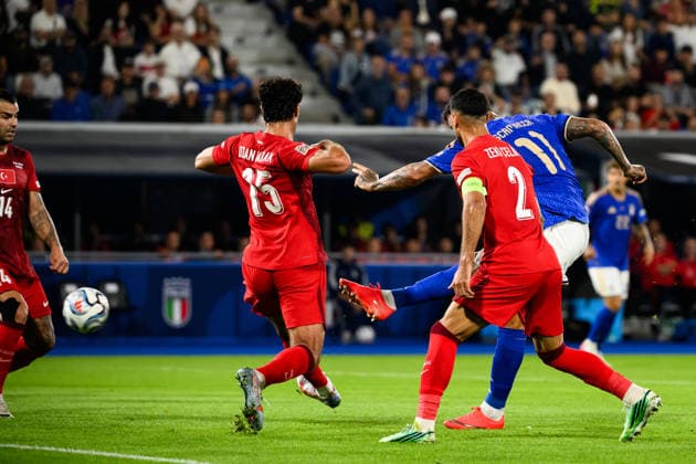 Gianluca Scamacca of Italy scores the goal of 1-0 during the Nations League football match between Italy and Turkiye at Renato Dall Ara stadium in Bologna (Italy), October 5, 2026. AndreaxStaccioli