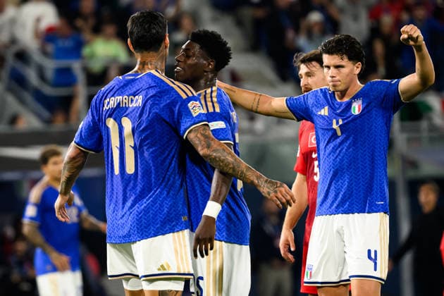 Gianluca Scamacca of Italy celebrates with Issa Doumbia and Alessandro Romano after scoring the goal of 1-0 during the Nations League football match between Italy and Turkiye at Renato Dall Ara stadium in Bologna (Italy), October 5, 2026. AndreaxStaccioli