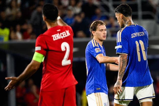 Gianluca Scamacca of Italy celebrates with Nicolo Barella after scoring the goal of 1-0 during the Nations League football match between Italy and Turkiye at Renato Dall Ara stadium in Bologna (Italy), October 5, 2026. AndreaxStaccioli