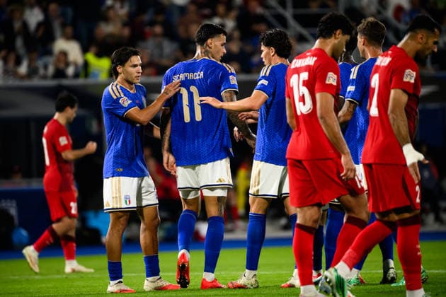 Gianluca Scamacca of Italy celebrates with team mates after scoring the goal of 1-0 during the Nations League football match between Italy and Turkiye at Renato Dall Ara stadium in Bologna (Italy), October 5, 2026. AndreaxStaccioli